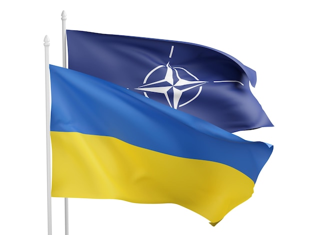 Drapeau ukrainien à côté de l'illustration 3d du drapeau de l'OTAN