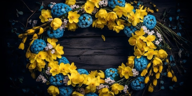 Drapeau ukrainien enveloppé dans une couronne de fleurs image conceptuelle fleurs câlins