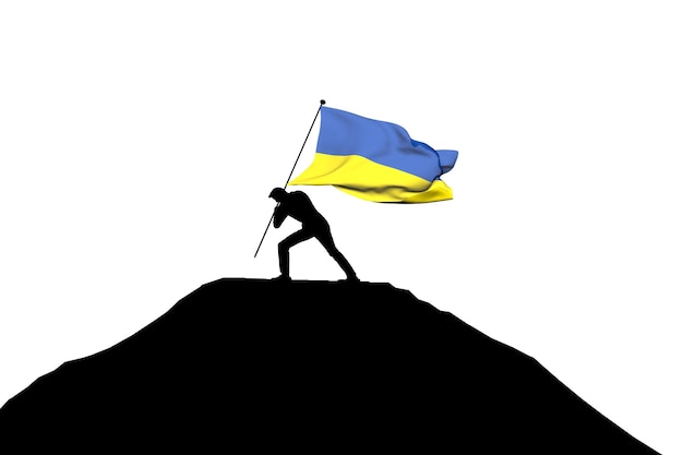 Drapeau ukrainien poussé au sommet de la montagne par une silhouette masculine rendu 3D