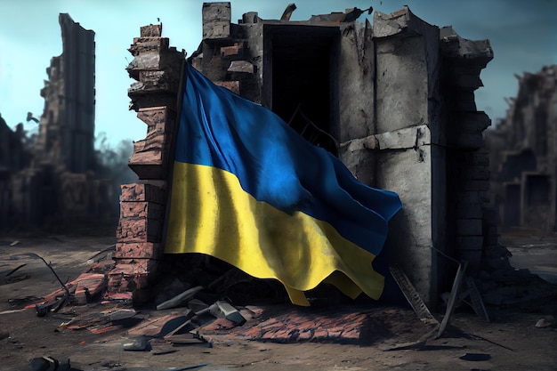 Drapeau ukrainien situé dans les ruines d'un bâtiment l'invasion des troupes russes en Ukraine Generative Ai