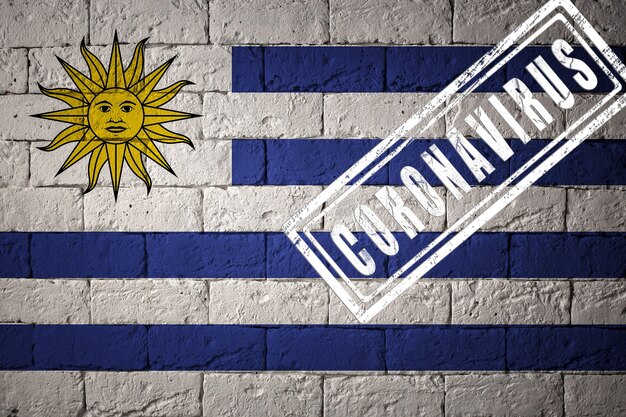 Drapeau de l'Uruguay aux proportions originales. estampillé du Coronavirus. texture de mur de briques. Notion de virus corona. Au bord d'une pandémie COVID-19 ou 2019-nCoV.