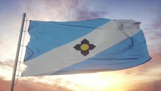 Drapeau de la ville de Madison, Wisconsin, ondulant dans le fond du vent, du ciel et du soleil. rendu 3D.