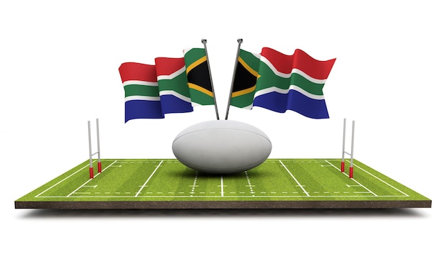 Drapeaux de l'Afrique du Sud avec un ballon de rugby et un rendu 3D