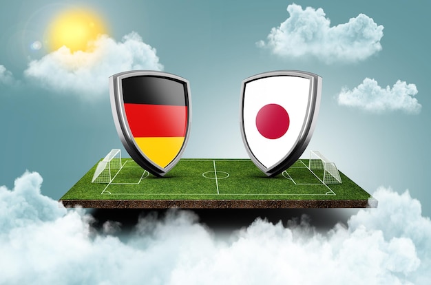 Drapeaux de l'Allemagne contre le Japon avec bouclier sur l'illustration 3d du stade de football