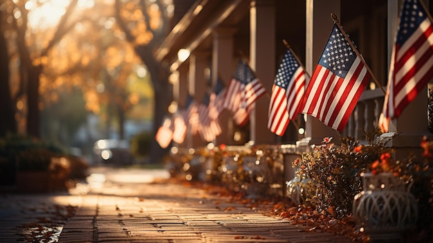 Des drapeaux américains affichés sur les porches des maisons