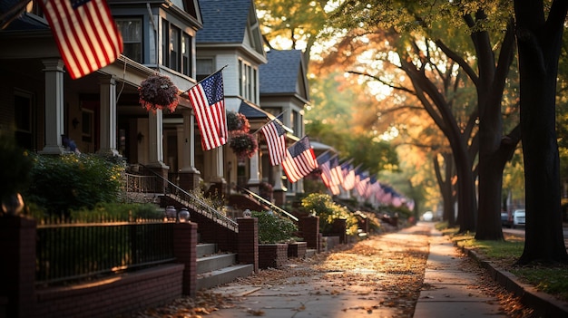 Des drapeaux américains affichés sur les porches des maisons