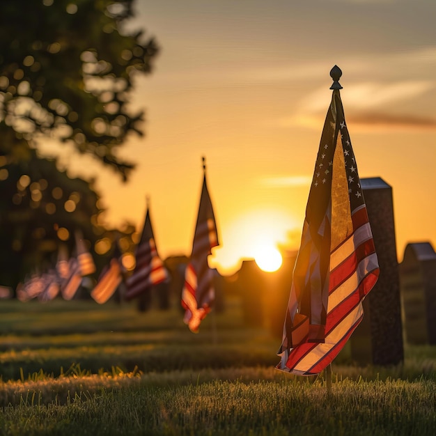 Des drapeaux américains au cimetière au coucher du soleil transmettant une humeur de révérence et de patriotisme