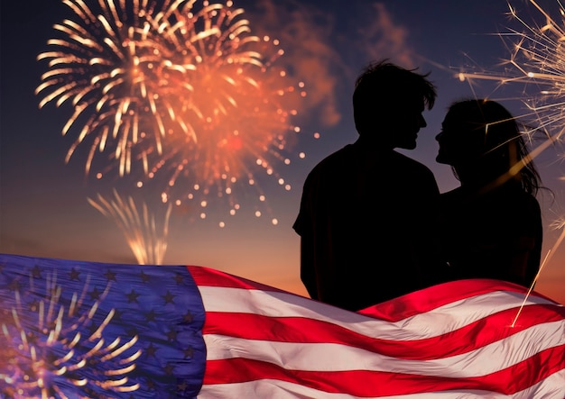 Photo des drapeaux américains avec un collage de feux d'artifice