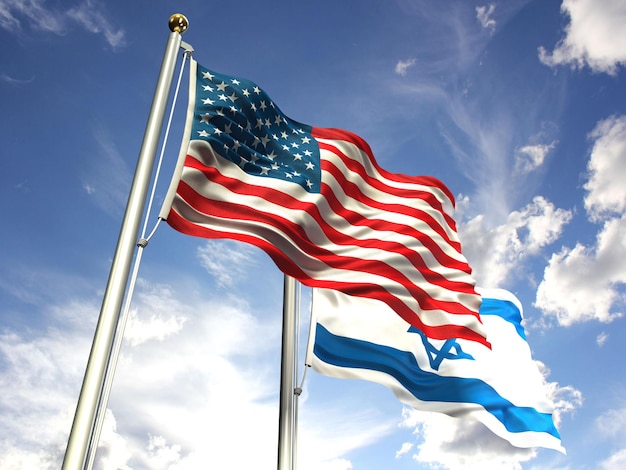 Drapeaux américains et israéliens agitant contre le ciel