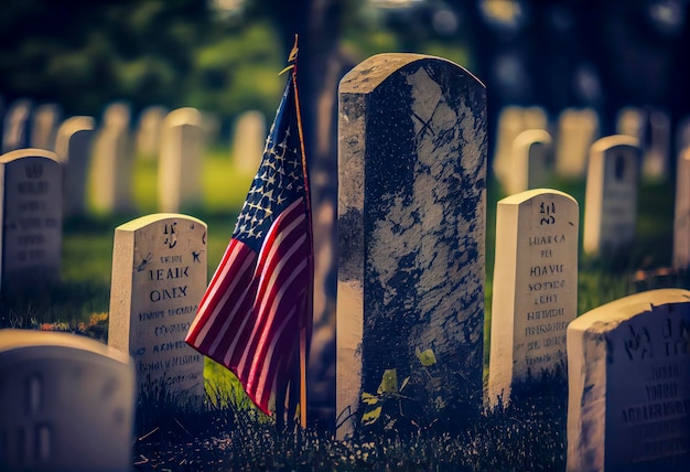 Drapeaux américains et pierres tombales au cimetière national American Memorial Day Generative AI