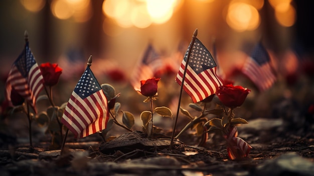 Des drapeaux américains plantés dans le sol en arrière-plan