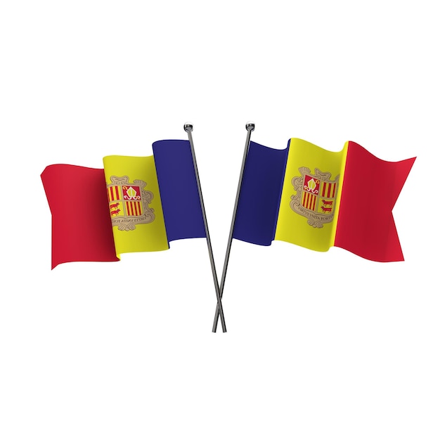 Drapeaux d'Andorre croisés isolés sur fond blanc rendu 3D