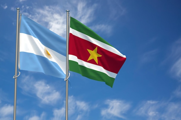 Photo drapeaux de l'argentine et de la république du suriname sur fond de ciel bleu illustration 3d