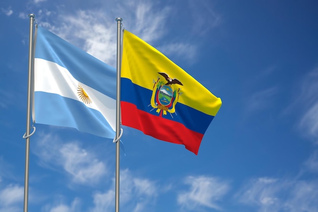 Drapeaux de l'Argentine et de la République d'Équateur sur fond de ciel bleu Illustration 3D