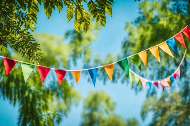 des drapeaux colorés accrochés à un arbre avec les mots sur eux