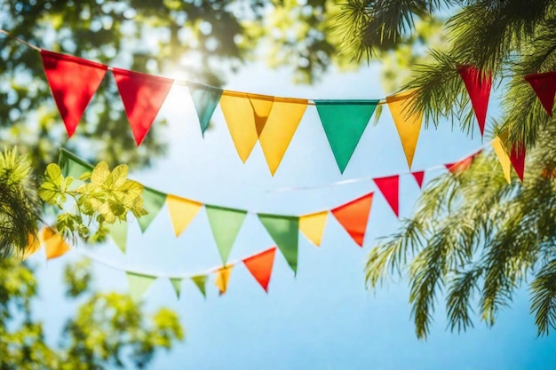 des drapeaux colorés accrochés à un arbre avec le soleil qui brille à travers eux