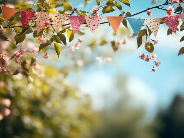 Photo drapeaux colorés suspendus à une branche d'arbre dans le jardin