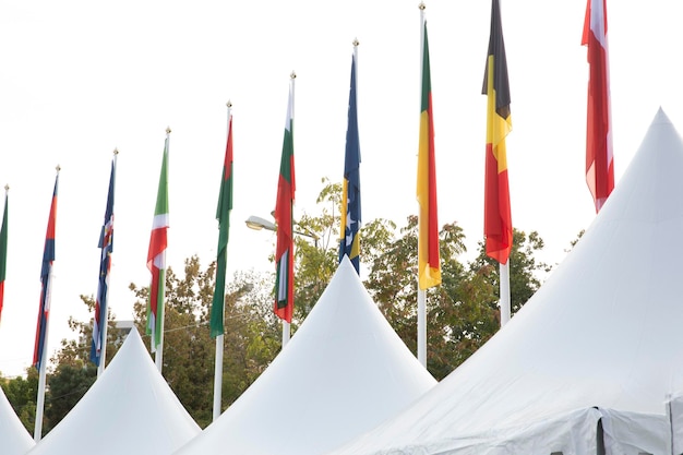 Drapeaux contre le ciel bleu