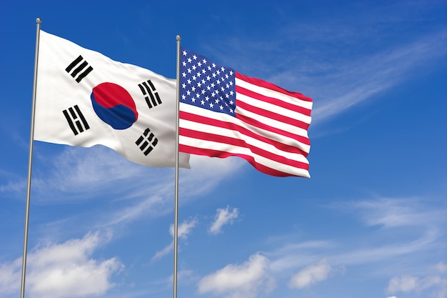 Drapeaux de la Corée du Sud et des États-Unis sur fond de ciel bleu. illustration 3D