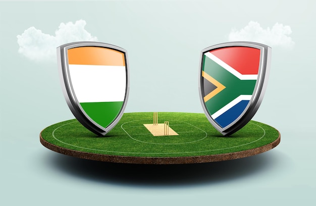 Drapeaux de cricket de l'Inde contre l'Afrique du Sud avec illustration 3d du stade de célébration du bouclier