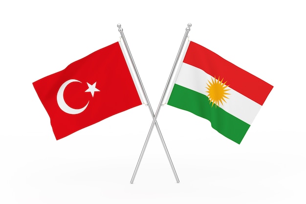 Drapeaux croisés de la Turquie et du Kurdistan sur un fond blanc. Rendu 3D