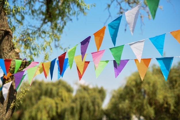 Des drapeaux de décoration triangulaires multicolores sont tendus entre les arbres