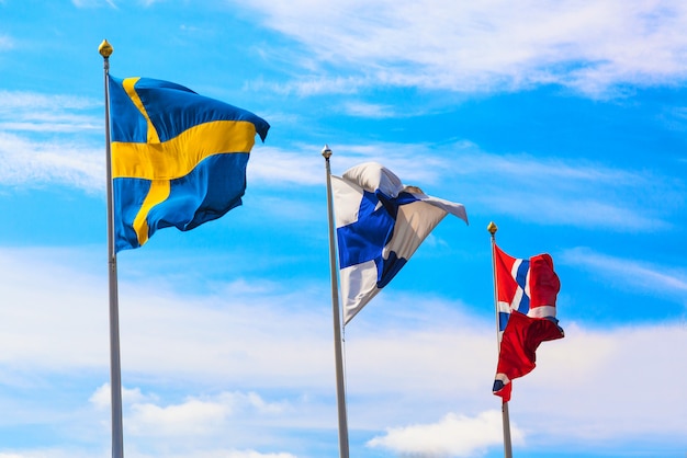 drapeaux de différents pays ondulant dans le ciel bleu