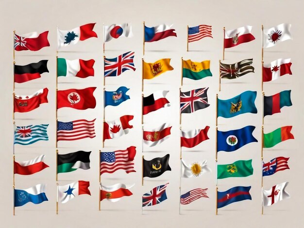les drapeaux de différents pays sont affichés sur un fond blanc