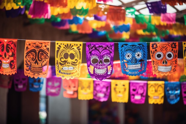 Les drapeaux du jour des morts mexicains en papier picado coloré