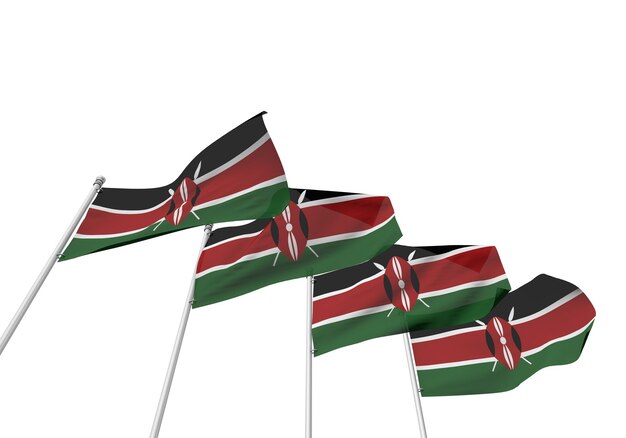 Drapeaux du Kenya dans une rangée avec un fond blanc rendu 3D
