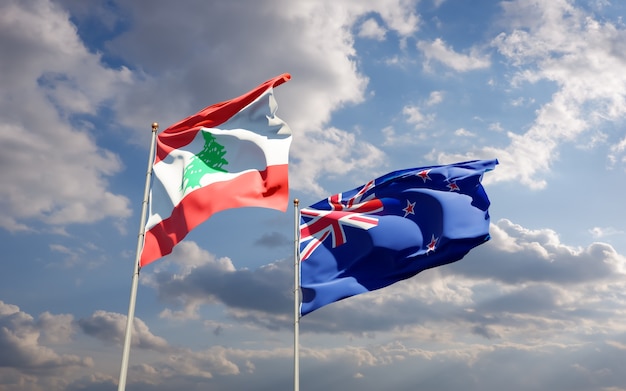 Drapeaux du Liban et de la Nouvelle-Zélande. Illustration 3D