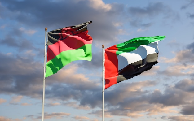 Drapeaux du Malawi et des Émirats arabes unis sur le ciel bleu. Illustration 3D