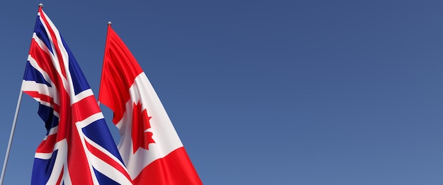 Drapeaux du Royaume-Uni et du Canada sur des mâts latéraux Drapeaux sur fond bleu Grande-Bretagne Angleterre Ottawa érable illustration 3D