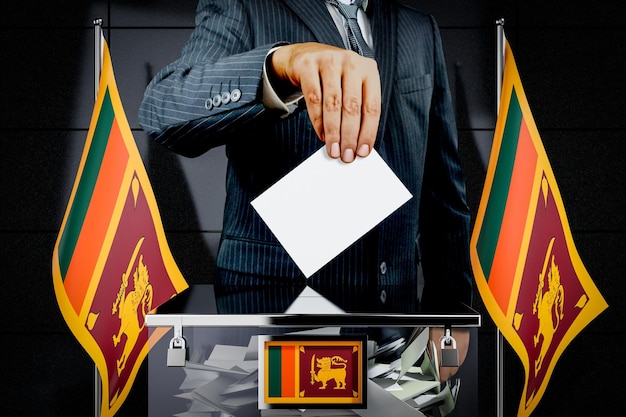 Drapeaux du Sri Lanka main laissant tomber le concept d'élection de carte de vote illustration 3D