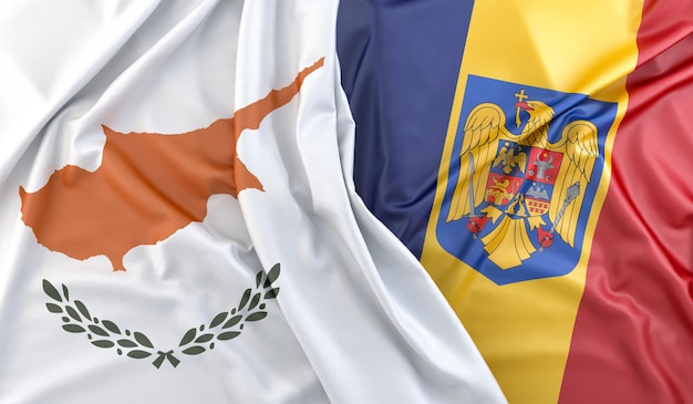 Drapeaux ébouriffés de Chypre et de Roumanie avec armoiries rendu 3D