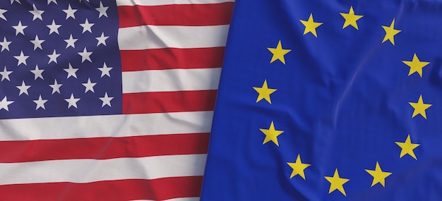 Drapeaux des États-Unis et de l'Union européenne Drapeaux en lin agrandi Drapeau en toile États-Unis d'Amérique Symboles nationaux de l'UE Illustration 3d