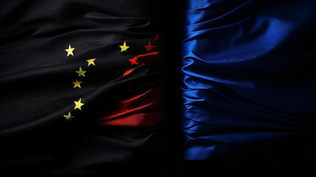 Les drapeaux de l'Europe et de la Russie sur un fond noir sanctionnent