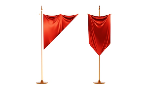Drapeaux de fanion rouge maquette bannières verticales vierges suspendus sur mât doré rendu 3d Pennons textiles médiévaux différentes formes sur support or isolé sur fond blanc Ensemble d'illustrations réalistes