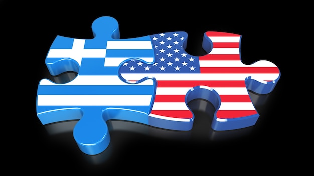 Drapeaux de la Grèce et des États-Unis sur les pièces du puzzle. Notion de relation politique. rendu 3D