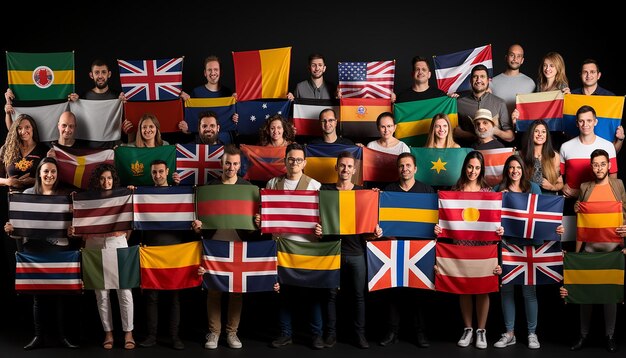 Photo drapeaux internationaux d'immigration de chaque pays avec des immigrants tenant des drapeaux