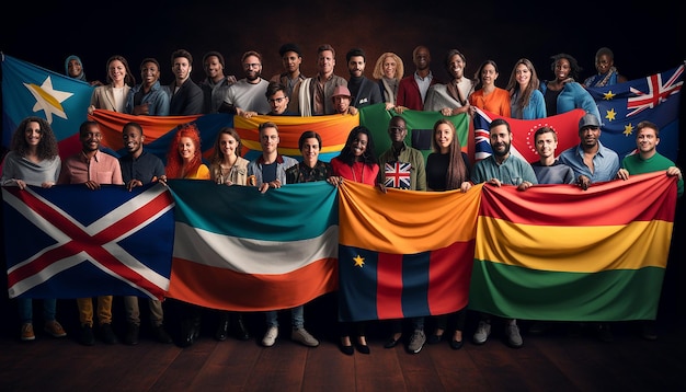 Photo drapeaux internationaux d'immigration de chaque pays avec des immigrants tenant des drapeaux