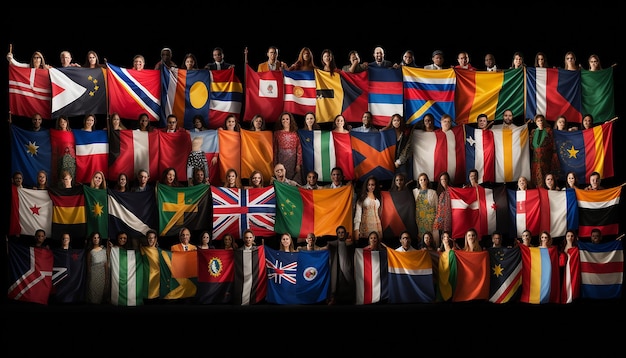 drapeaux internationaux d'immigration de chaque pays avec des immigrants tenant des drapeaux