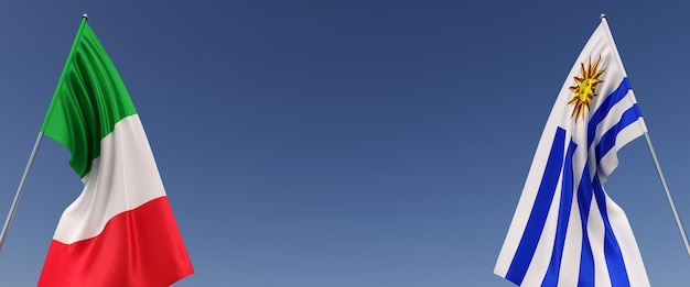 Drapeaux de l'Italie et de l'Uruguay sur les mâts sur les côtés Drapeaux sur fond bleu Place pour le texte Italien Rome Uruguayen Illustration 3d