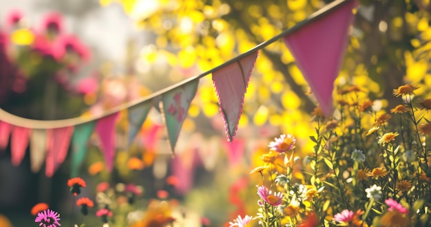 Photo des drapeaux de jour d'amusement avec des fleurs accrochées