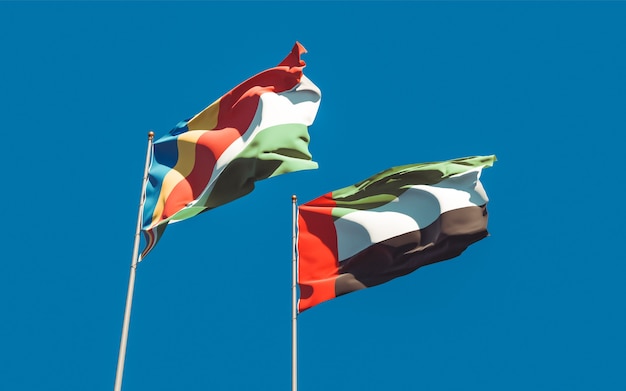 Drapeaux des Émirats arabes unis, des Émirats arabes unis et des Seychelles. Illustration 3D