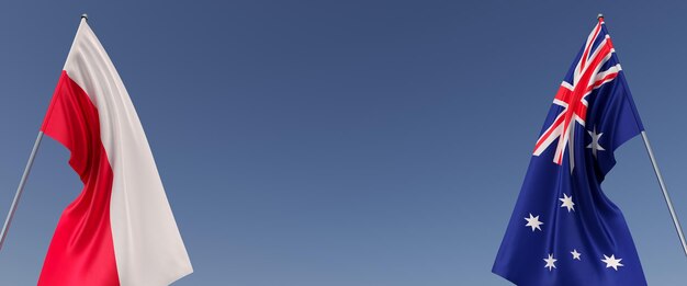 Drapeaux de la Pologne et de l'Australie sur des mâts sur les côtés Drapeaux sur fond bleu Place pour le texte Polonais Varsovie Canberra Océanie Commonwealth Illustration 3D