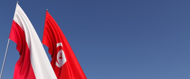 Photo drapeaux de la pologne et de la tunisie sur des mâts drapeaux sur un fond bleu place pour le texte illustration 3d