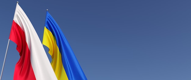 Drapeaux de la Pologne et de l'Ukraine sur le mât de drapeau sur le côté Drapeaux sur fond bleu Place pour le texte Polonais Varsovie Ukrainien Kiev Illustration 3D