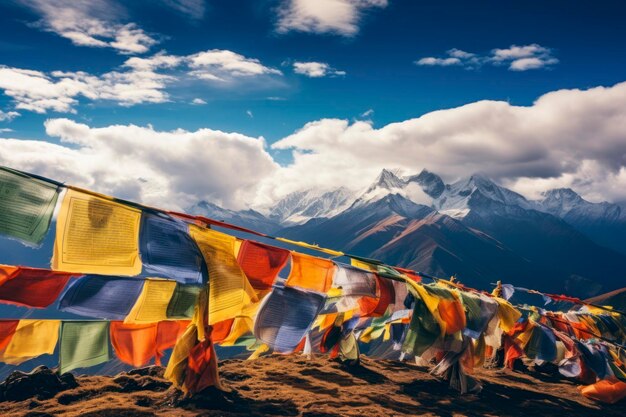 Des drapeaux de prière colorés flottant dans la brise de l'Himalaya