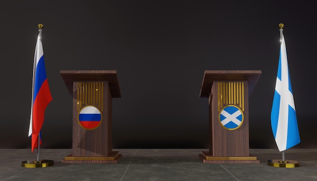 Photo drapeaux de la russie et de l'ecosse drapeau de la russie et de l'ecosse négociations de la russie et de l'ecosse tribune pour la parole travail 3d et image 3d